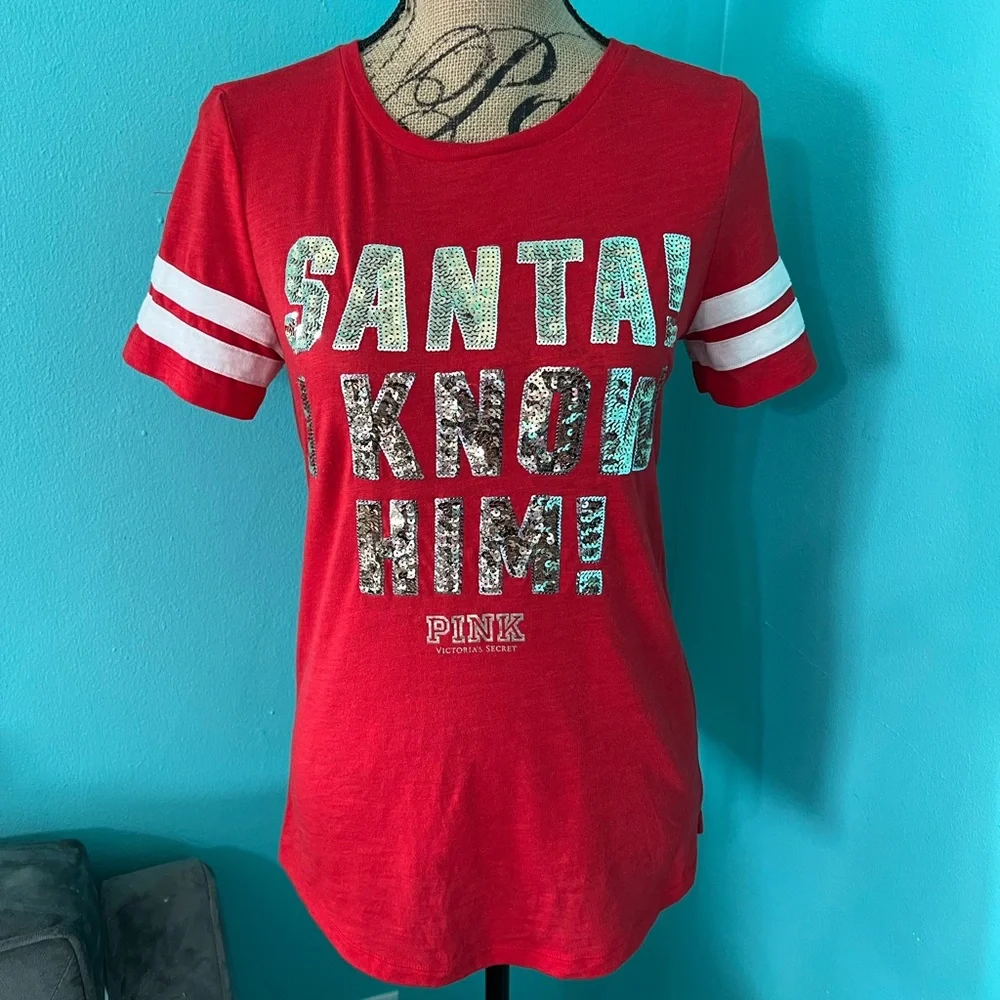 EUC PINK Victoria’s Secret Sequined “SANTA I KNOW HIM” Short Sleeve Shirt